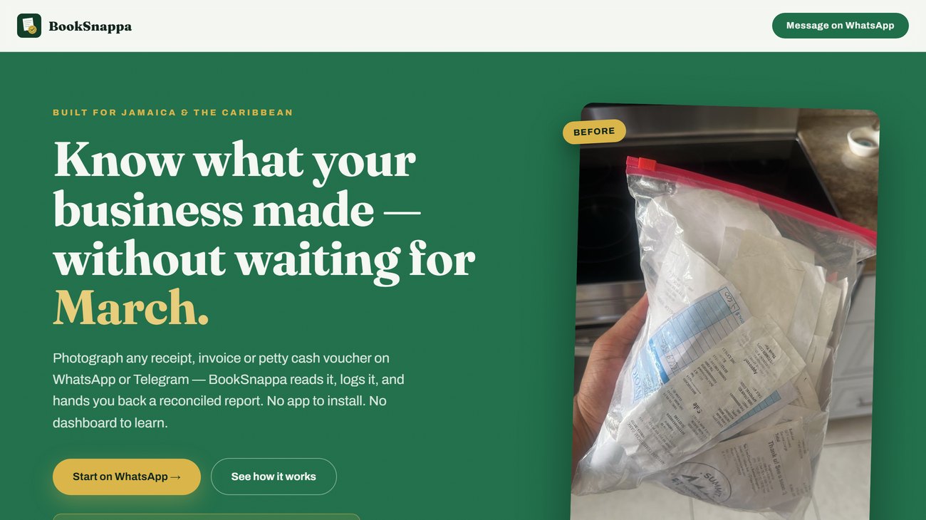 BookSnappa — photograph a receipt on WhatsApp, get a reconciled report back